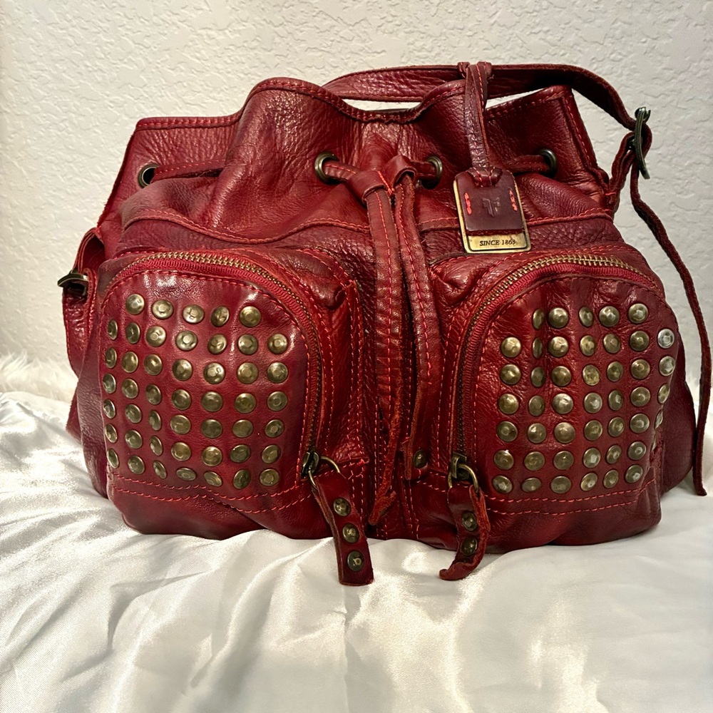 Frye “Brooke” Red Leather Studded Drawstring Bucket Bag